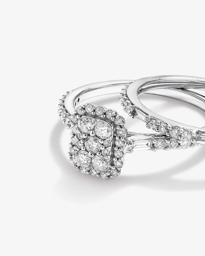 0,75 carat Poids Total Bague de Fiançailles Cluster Rectangulaire et Bague de Mariage en Or Blanc 14kt