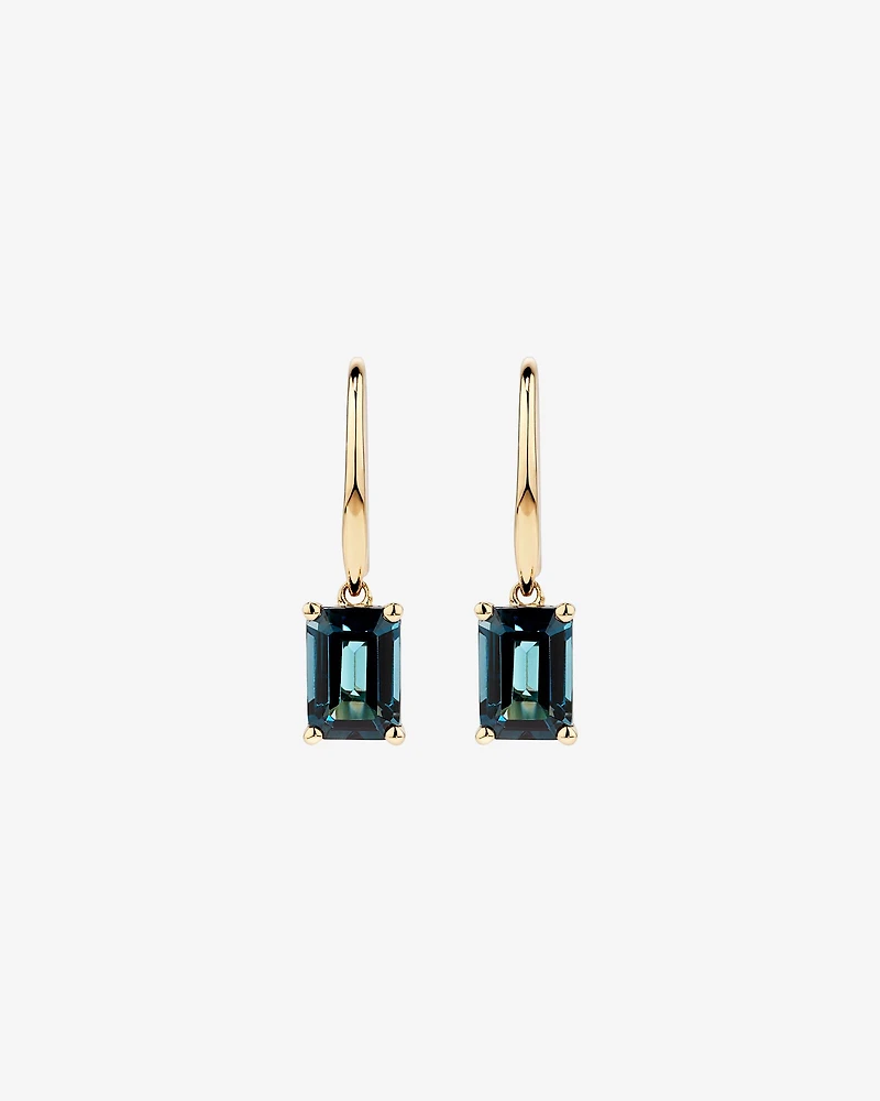 Emerald Cut London Blue Topaz Gemstone Drop Earrings in 10kt Yellow Gold