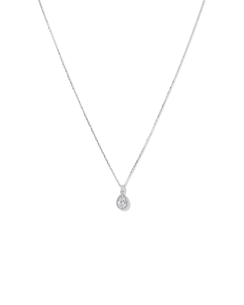 Pear Cubic Zirconia Halo Pendant Necklace in Sterling Silver
