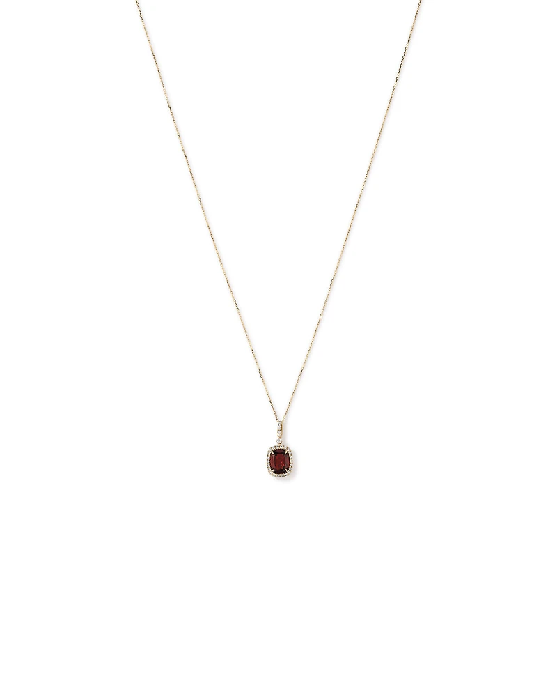 Cushion Cut Red Garnet Gemstone and Diamond Halo Pendant Necklace 10kt Yellow Gold
