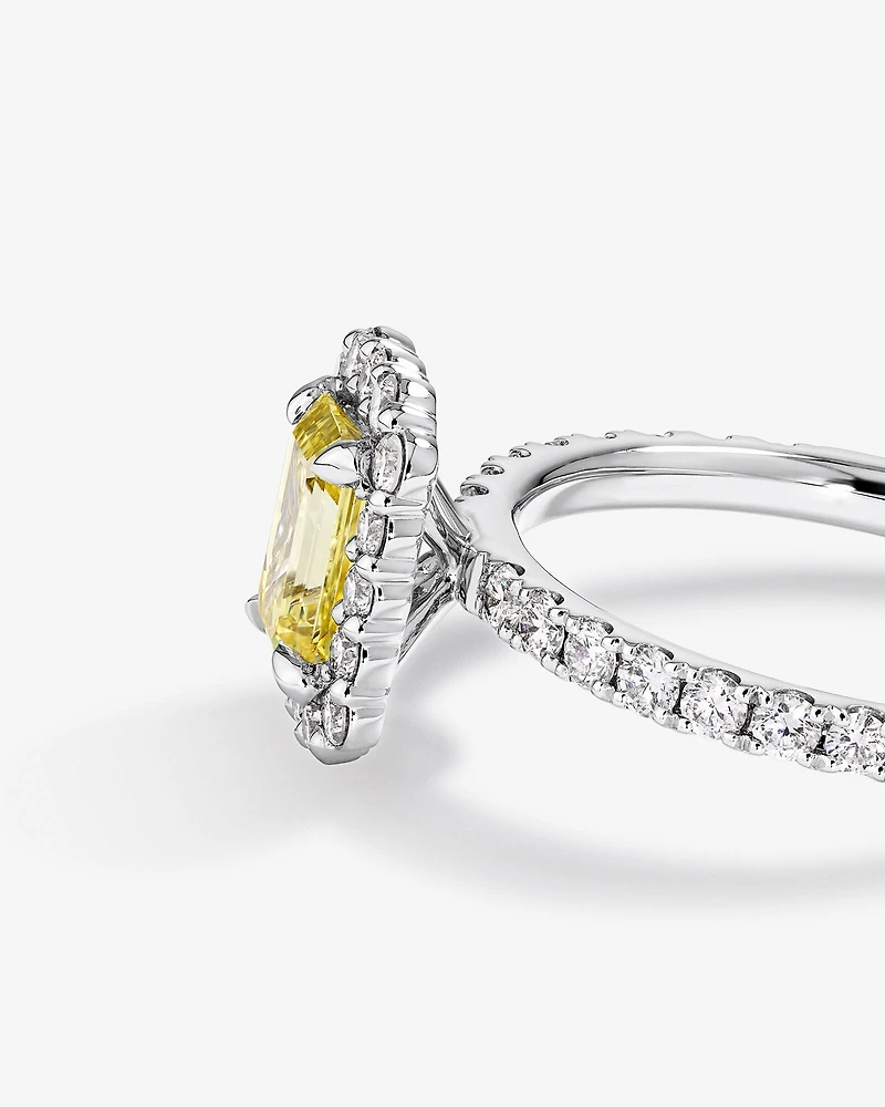 1.58 Carat TW Yellow Emerald Cut Laboratory-Grown Diamond Halo Engagement Ring in 14kt White Gold