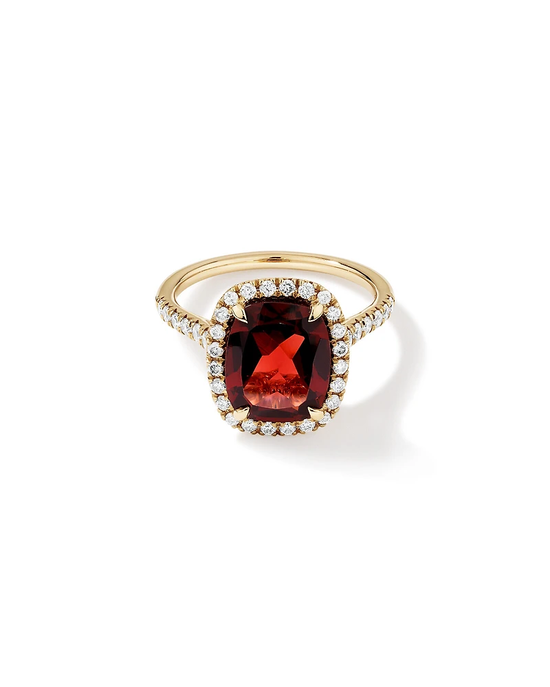 Cushion Cut Red Garnet Gemstone and Diamond Halo Ring in 10kt Yellow Gold