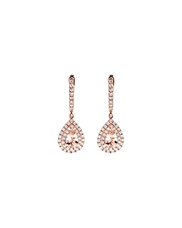 Pear Cut Morganite Gemstone and 0.40 Carat TW Diamond Halo Huggie Drop Earrings in 10kt Rose Gold