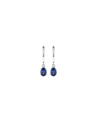 Oval Cut Blue Created Ceylon Sapphire Gemstone and Diamond Drop Huggie Earrings in Sterling Silver