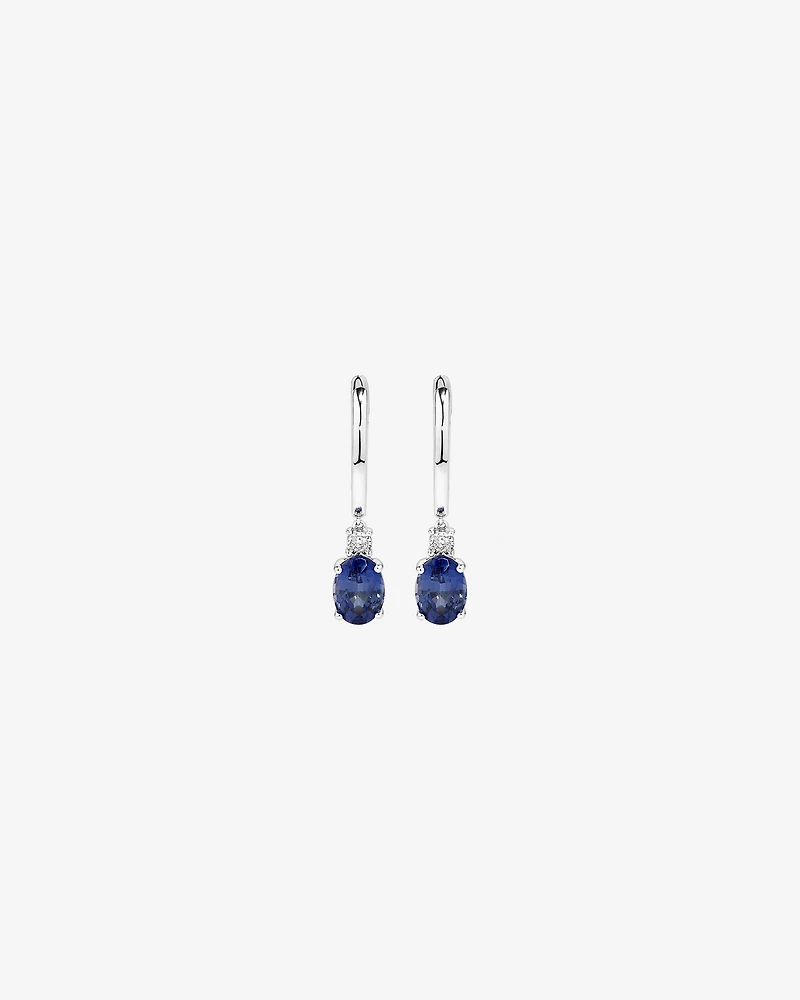 Oval Cut Blue Created Ceylon Sapphire Gemstone and Diamond Drop Huggie Earrings in Sterling Silver