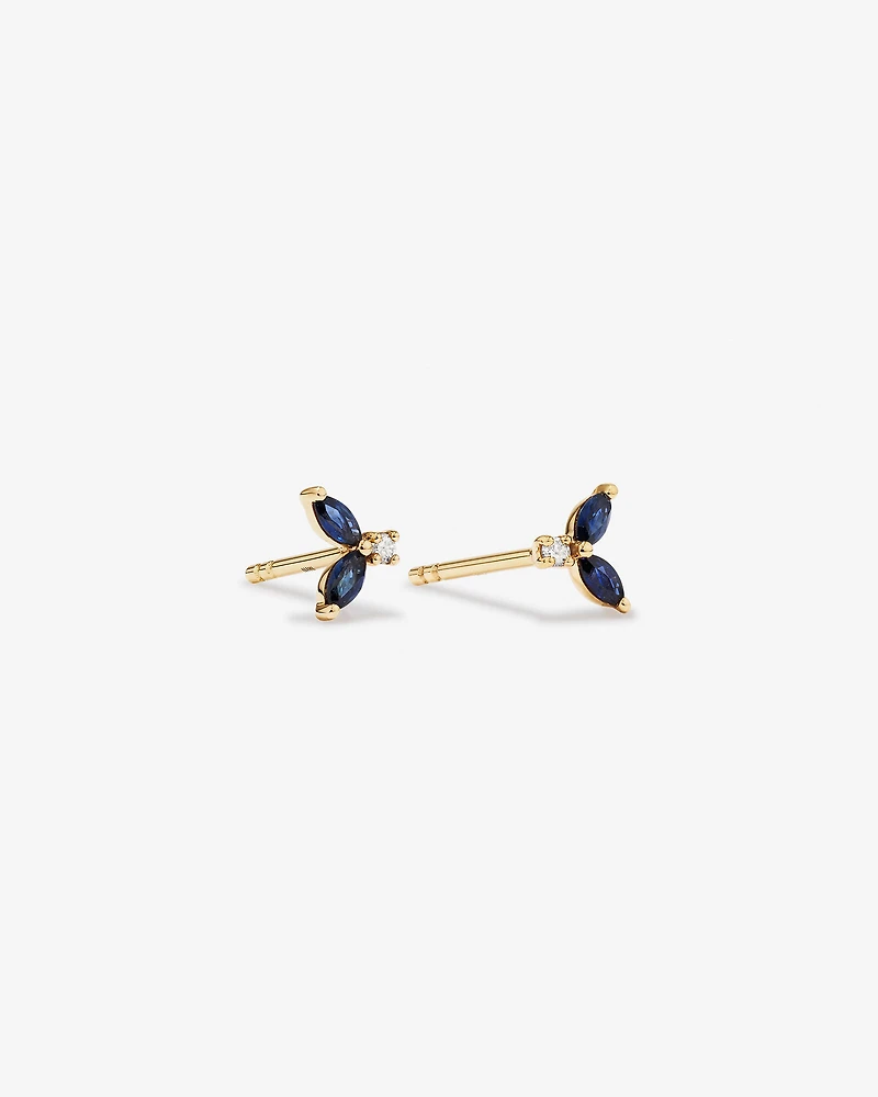 Round Diamond and Marquise Blue Sapphire Gemstone Stud Earrings in 10kt Yellow Gold