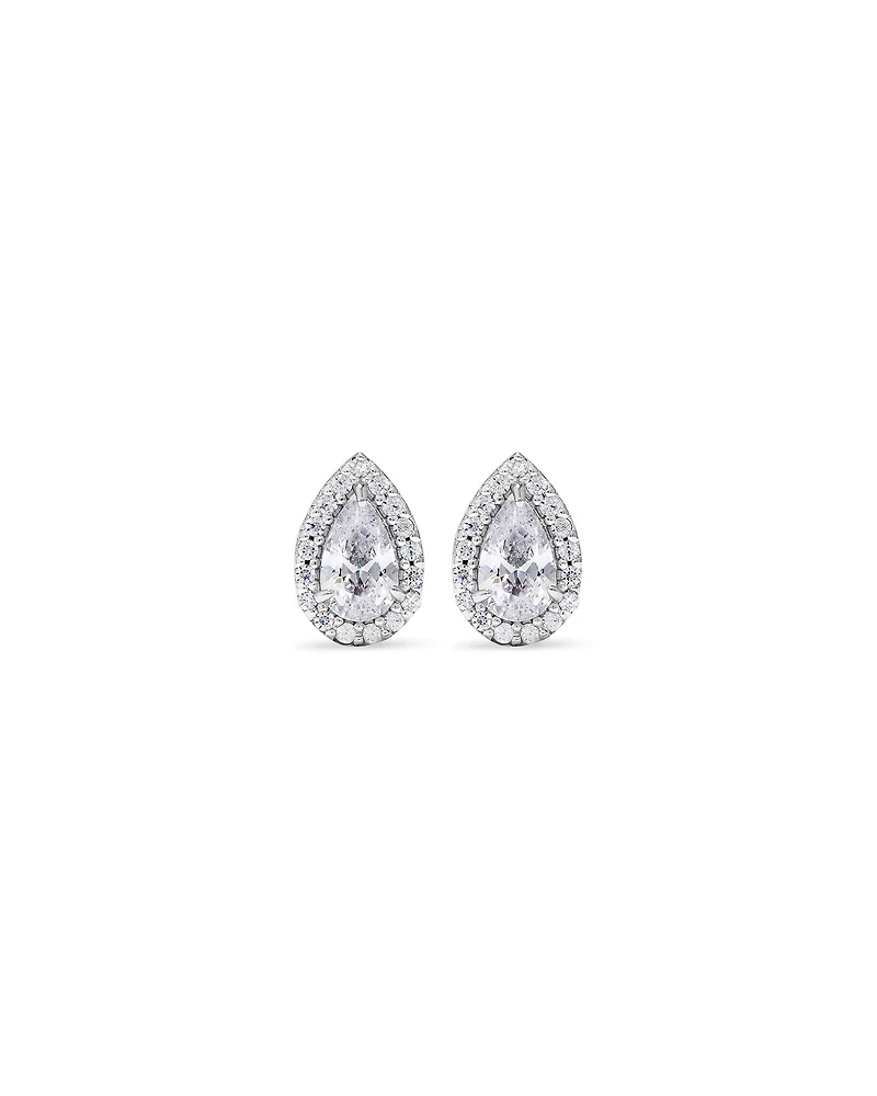 Pear Cubic Zirconia Halo Stud Earrings in Sterling Silver