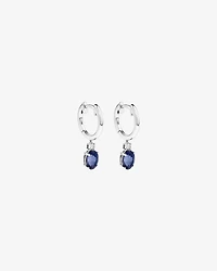 Oval Cut Blue Created Ceylon Sapphire Gemstone and Diamond Drop Huggie Earrings in Sterling Silver