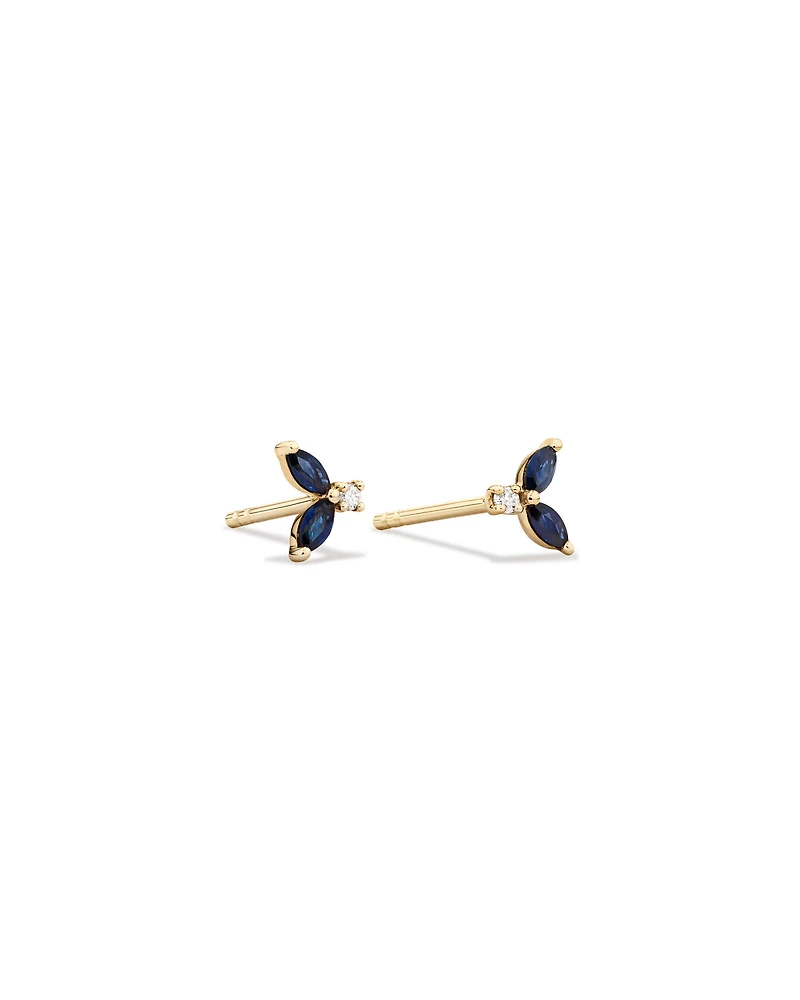 Round Diamond and Marquise Blue Sapphire Gemstone Stud Earrings in 10kt Yellow Gold