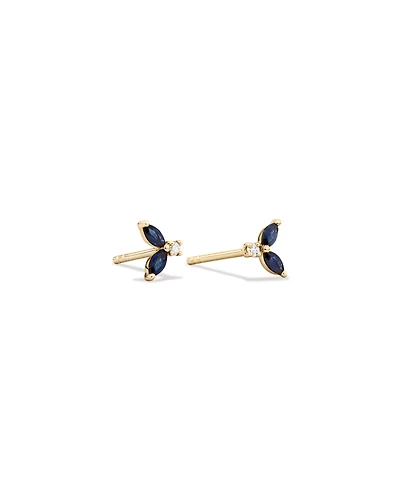 Round Diamond and Marquise Blue Sapphire Gemstone Stud Earrings in 10kt Yellow Gold