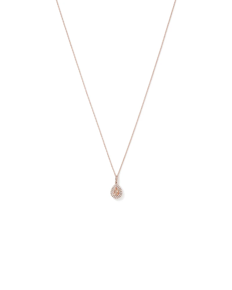 Pear Cut Morganite Gemstone and 0.25 Carat TW Diamond Halo Pendant Necklace in 10kt Rose Gold