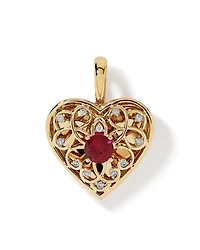 Red Created Ruby Gemstone and Diamond Filigree Heart Enhancer Pendant in 10kt Yellow Gold