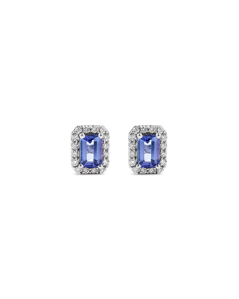 Emerald Cut Blue Tanzanite Gemstone and 0.25Carat TW Diamond Halo Stud Earrings in 14kt White Gold