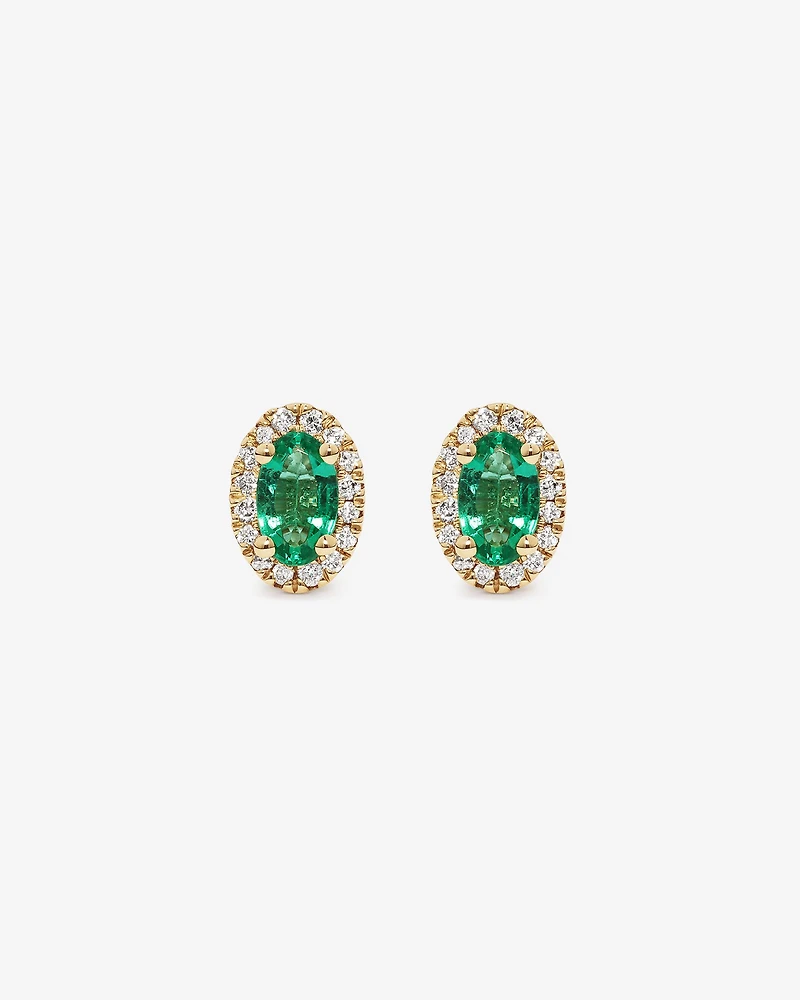 Oval Cut Green Emerald Gemstone and 0.09 Carat TW Diamond Halo Stud Earrings in 10kt Yellow Gold