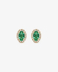 Oval Cut Green Emerald Gemstone and 0.09 Carat TW Diamond Halo Stud Earrings in 10kt Yellow Gold