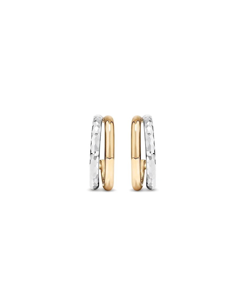Two-Tone Double Half Hoop Hammered Finish Stud Earrings in 10kt White and Yellow Gold