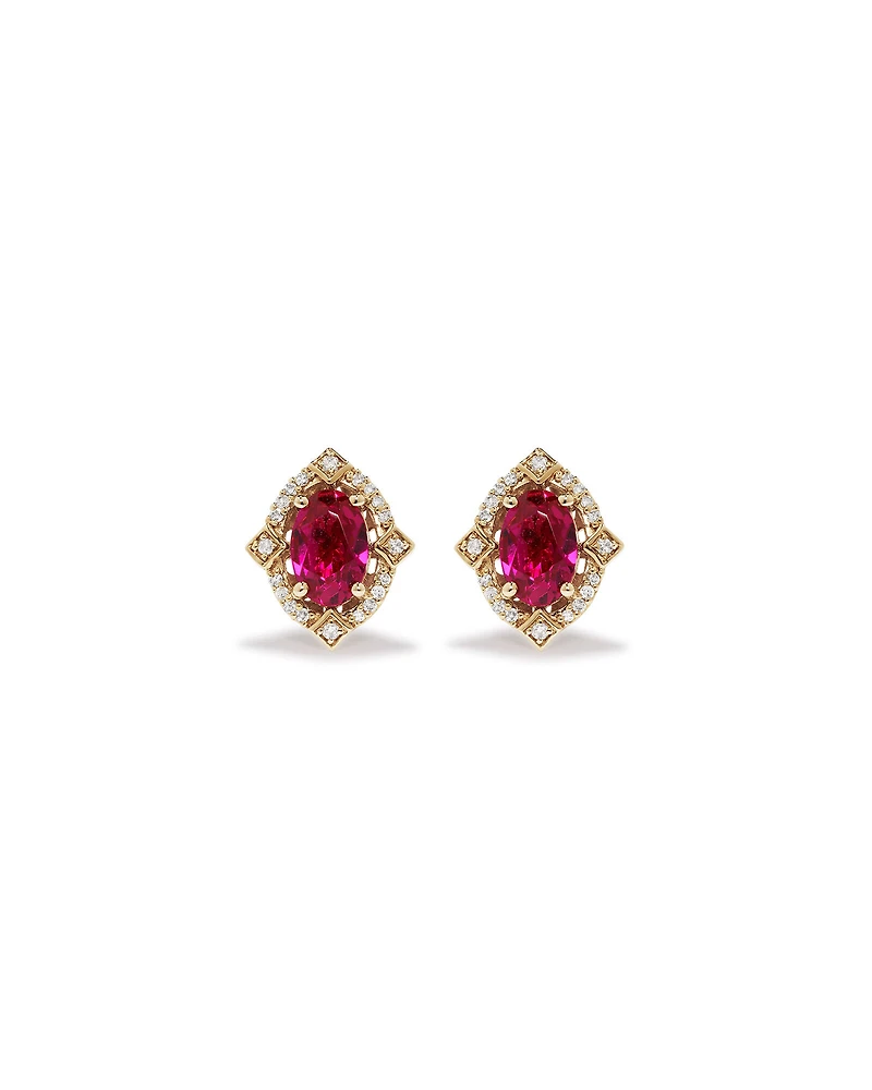 Oval Cut Created Ruby and Diamond Halo Stud Earrings in 10kt Yellow Gold