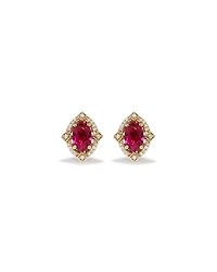 Oval Cut Created Ruby and Diamond Halo Stud Earrings in 10kt Yellow Gold