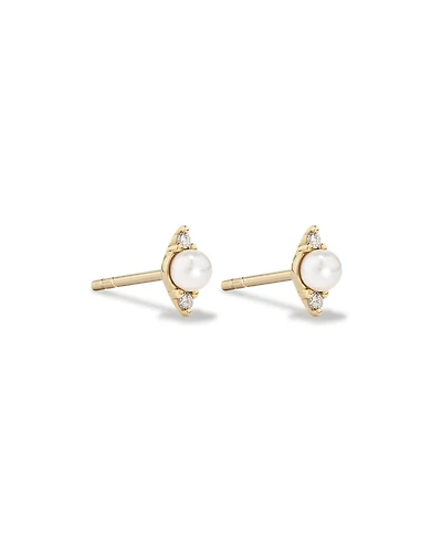 Three Stone Cultured Freshwater Pearl and Diamond Stud Earrings in 10kt Yellow Gold