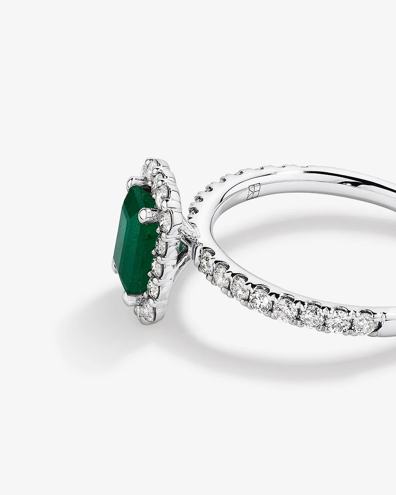 Emerald Cut Green Emerald Gemstone and 0.60 Carat TW Diamond Halo Ring in 14kt White Gold