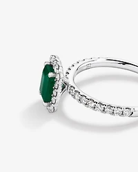 Emerald Cut Green Emerald Gemstone and 0.60 Carat TW Diamond Halo Ring in 14kt White Gold