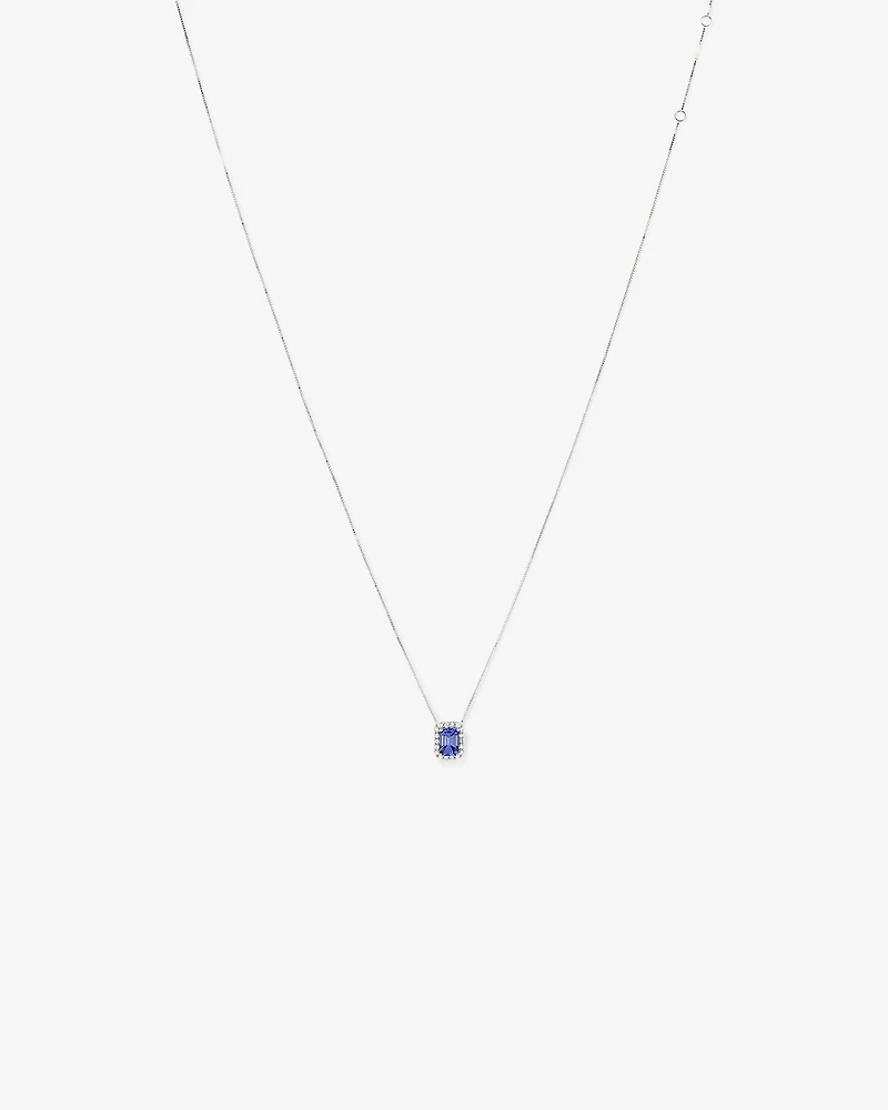 Emerald Cut Blue Tanzanite and 0.17 Carat TW Diamond Halo Pendant in 14kt White Gold