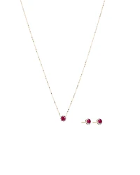 Round Cut Red Created Ruby and Lab-Grown Diamond Halo Stud Earrings and Pendant Necklace Set in 10kt Yellow & Rhodium