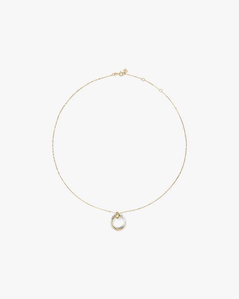 Two-Tone Double Circle Pendant Hammered Finish Necklace in 10kt White and Yellow Gold