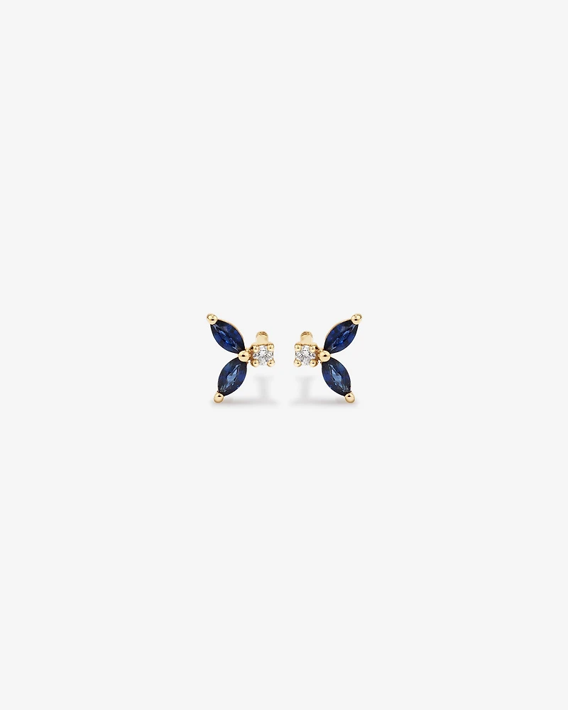 Round Diamond and Marquise Blue Sapphire Gemstone Stud Earrings in 10kt Yellow Gold