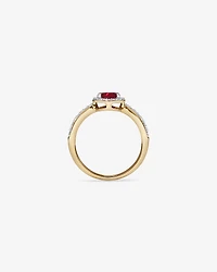 Round Cut Red Created Ruby and Lab-Grown Diamond Halo Ring in 10kt Yellow Gold and Rhodium