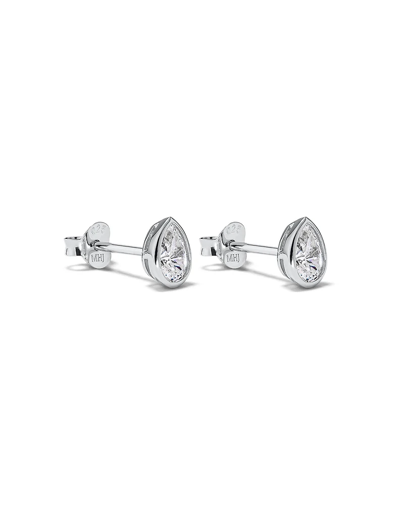 Pear Shaped Cubic Zirconia Bezel Set Stud Earrings in Sterling Silver