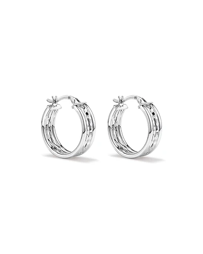 Four Row Diamond Cut and Smooth Hoop Earrings in Sterling Silver