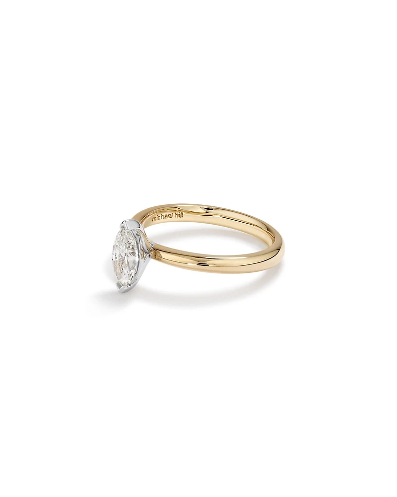 Bague de fiançailles solitaire diamant taille marquise certifiée TW de 0,70 carat en or jaune et blanc 18 carats