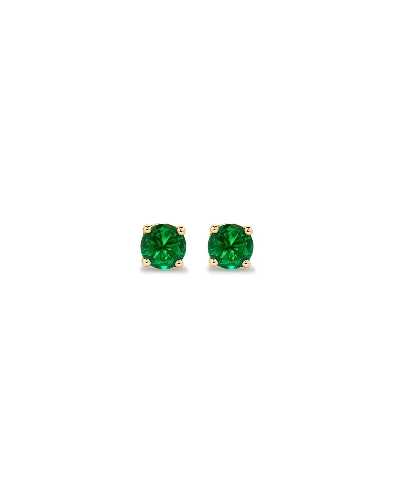Round Green Created Emerald Birthstone Stud Earrings in 10kt Yellow Gold