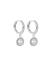 Round Brilliant Cubic Zirconia Halo Drop Hoop Earrings in Sterling Silver