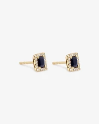 Emerald Cut Blue Sapphire Gemstone and 0.10 Carat TW Diamond Halo Stud Earrings in 10kt Yellow Gold