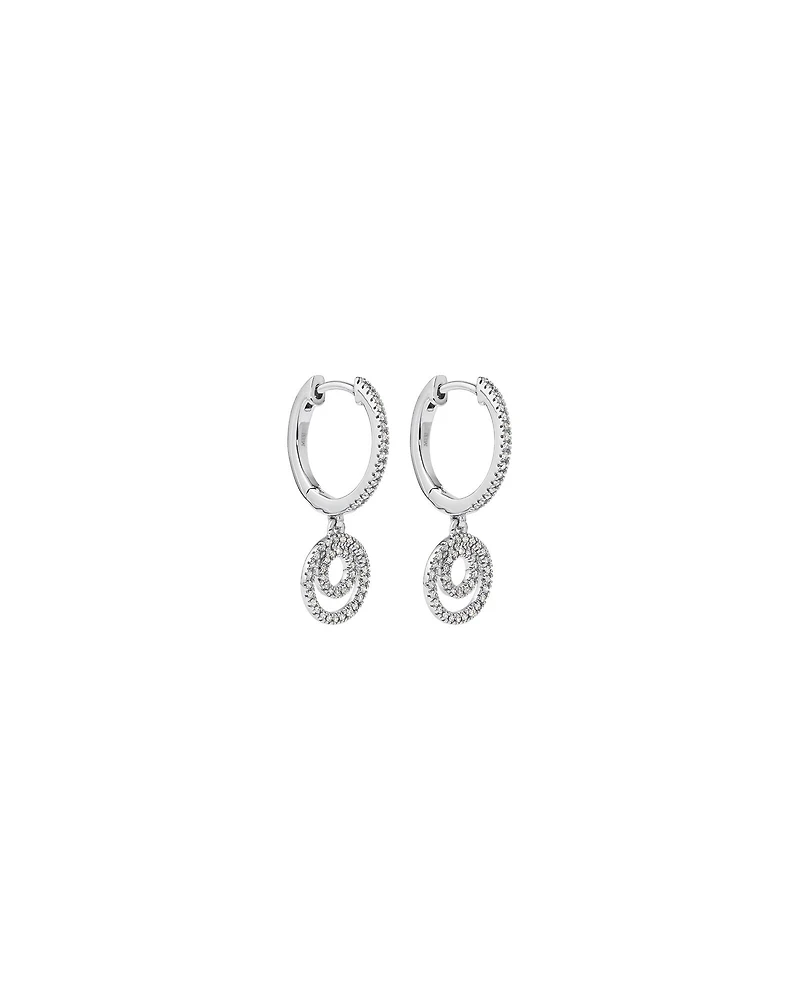 Fine Double Circle Diamond Drop Huggie Earrings in Sterling Silver