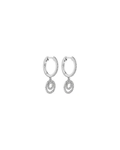 Fine Double Circle Diamond Drop Huggie Earrings in Sterling Silver