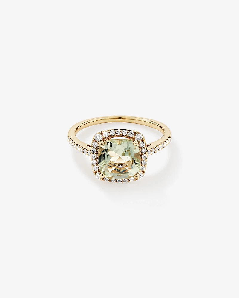 Cushion Cut Green Amethyst Gemstone and 0.25 Carat TW Diamond Halo Ring in 10kt Yellow Gold