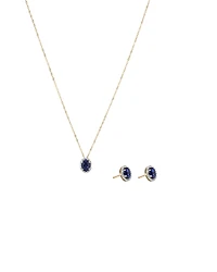 Oval Cut Blue Created Sapphire and Lab-Grown Diamond Halo Stud Earrings and Pendant Necklace Set in 10kt Yellow Gold and Rhodium
