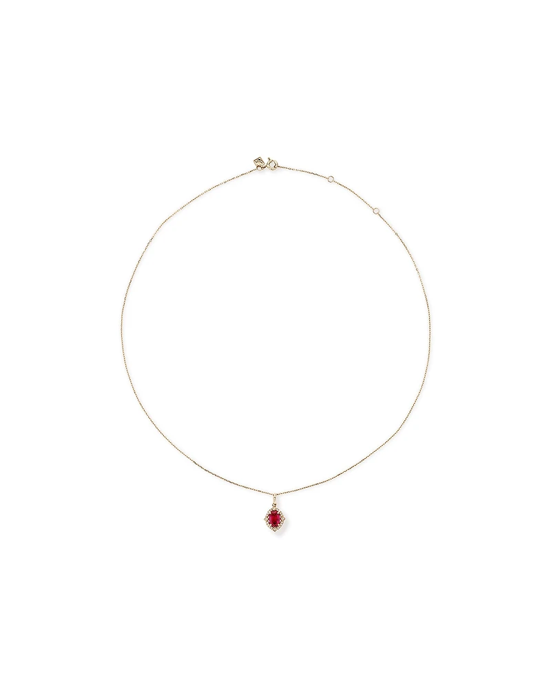 Oval Cut Created Ruby and Diamond Halo Pendant Necklace in 10kt Yellow Gold