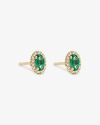 Oval Cut Green Emerald Gemstone and 0.09 Carat TW Diamond Halo Stud Earrings in 10kt Yellow Gold