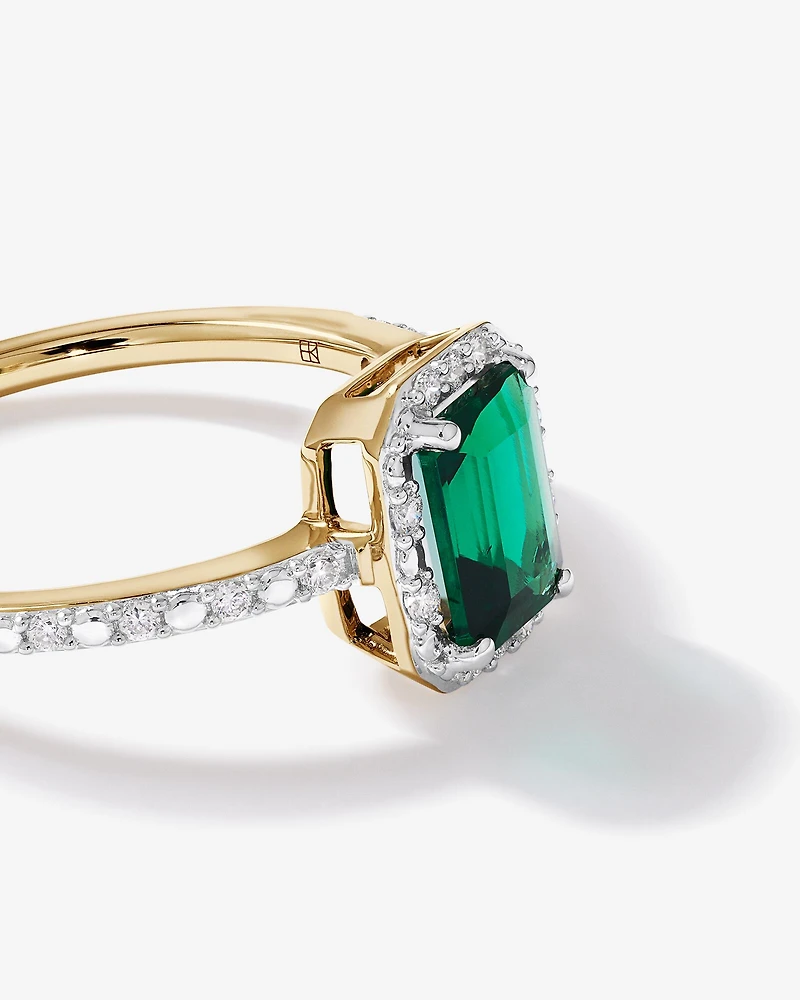 Emerald Cut Green Created Emerald and Lab-Grown Diamond Halo Ring in 10kt Yellow Gold and Rhodium