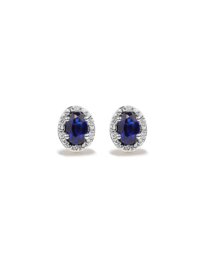 Oval Cut Blue Created Sapphire and Lab-Grown Diamond Halo Stud Earrings and Pendant Necklace Set in 10kt Yellow Gold and Rhodium