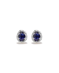 Oval Cut Blue Created Sapphire and Lab-Grown Diamond Halo Stud Earrings and Pendant Necklace Set in 10kt Yellow Gold and Rhodium