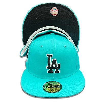 Los Angeles Dodgers Teal 60th Anniversary Patch Black Satin UV 59FIFTY Fitted Hat