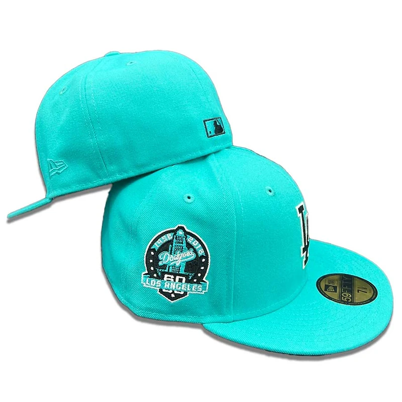 Los Angeles Dodgers Teal 60th Anniversary Patch Black Satin UV 59FIFTY Fitted Hat
