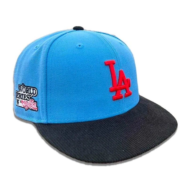 Los Angeles Dodgers Light Blue Black Corduroy Bill 1981 WS Patch Red UV 59FIFTY Fitted Hat