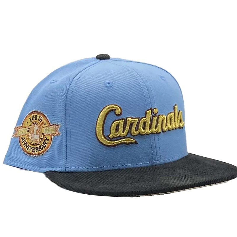 St. Louis Cardinals Rarefittedz Blue Black Corduroy Bill 100th Aniv Patch Gold UV 59FIFTY Fitted Hat