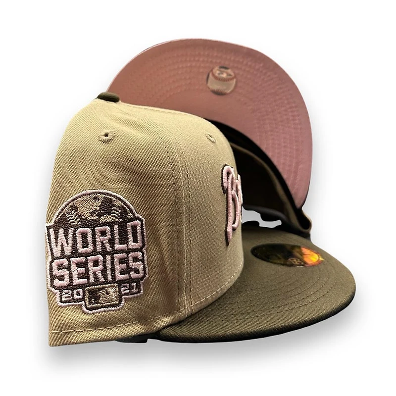 Atlanta Braves Camel Two Tone Script 2021 WS Patch Pink UV 59FIFTY Fitted Hat
